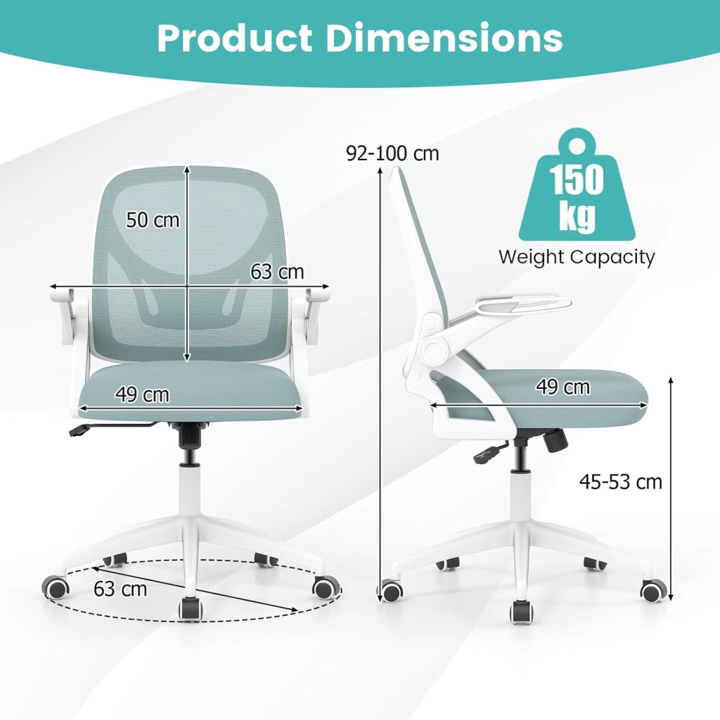 Sedia da scrivania ergonomica, sedia da ufficio girevole in rete con ruote, altezza regolabile e braccioli pieghevoli, seduta imbottita, supporto lombare, carico 150 kg (blu)