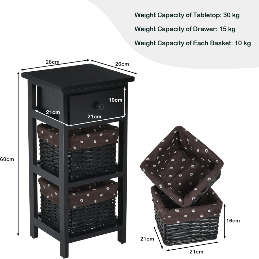 Set di 2 comodini, comodino, comodino con cassetto e 2 cestini, cassettiera antica, in legno massiccio, per camera da letto (nero, set da 2)