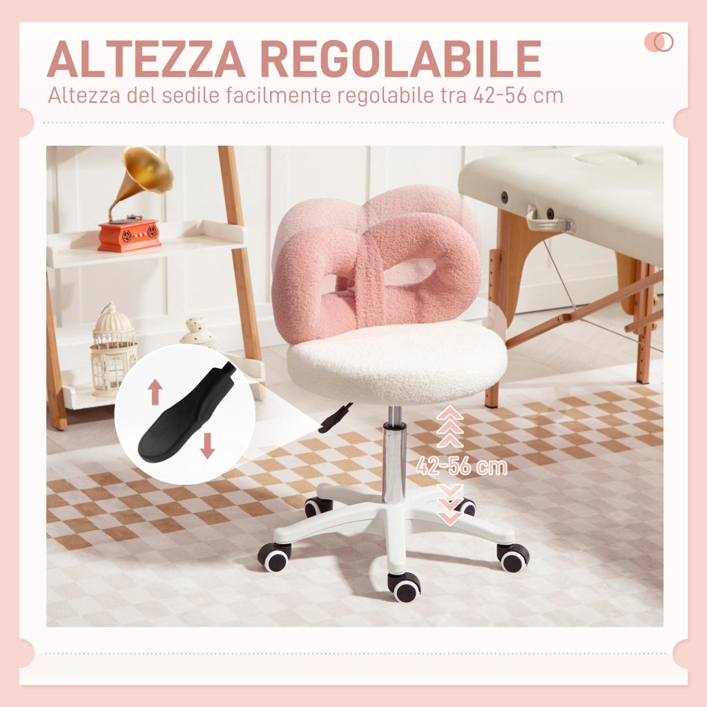Sgabello Girevole con Schienale a Forma di Fiocco 50x50x63-77 cm in Tessuto Teddy Rosa e Bianco