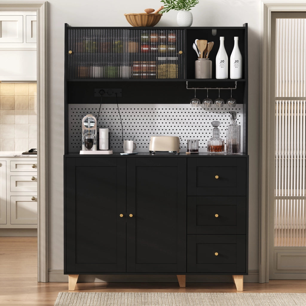 Credenza alta da cucina con 2 ante; 3 cassetti; ripiani regolabili; prese e portabicchieri; in MDF; 120 x 40 x 184 cm; nero