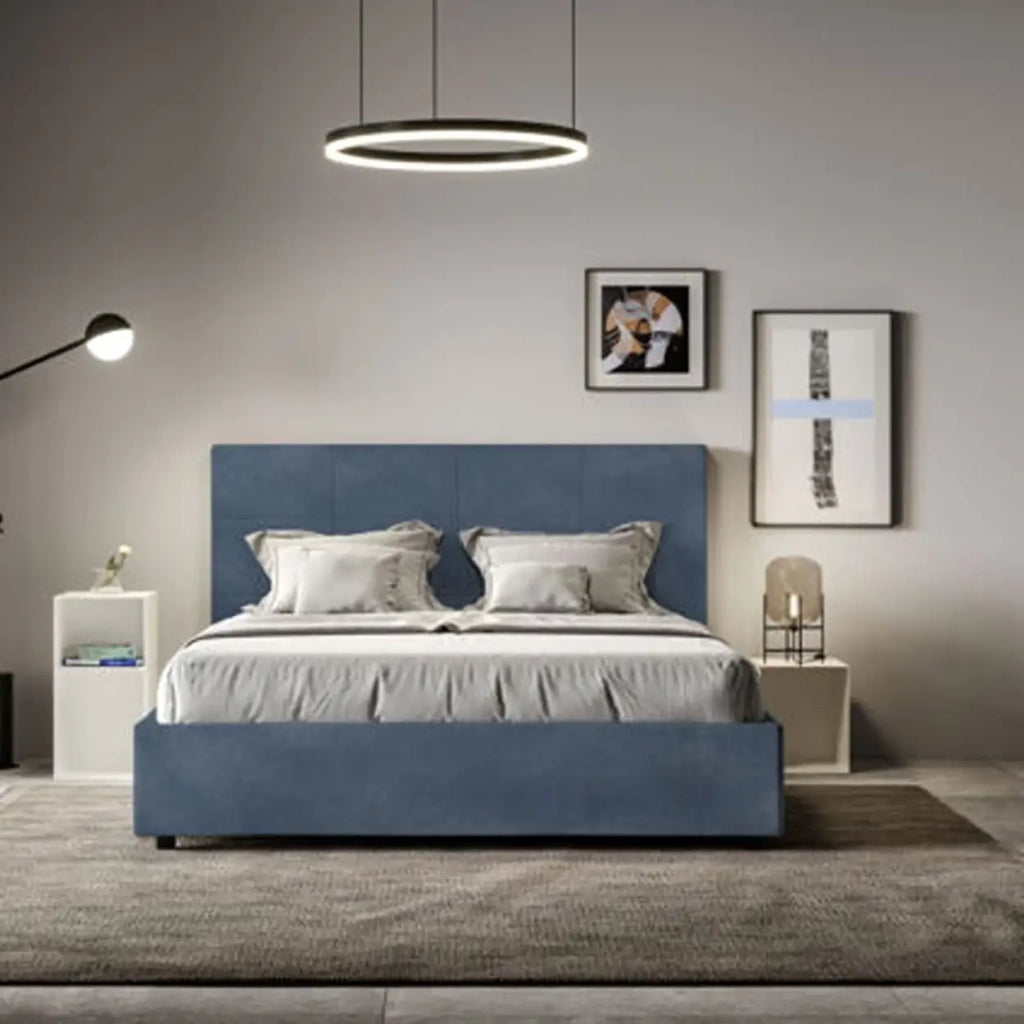 Letto matrimoniale contenitore imbottito 160x210 microfibra blu Mika
