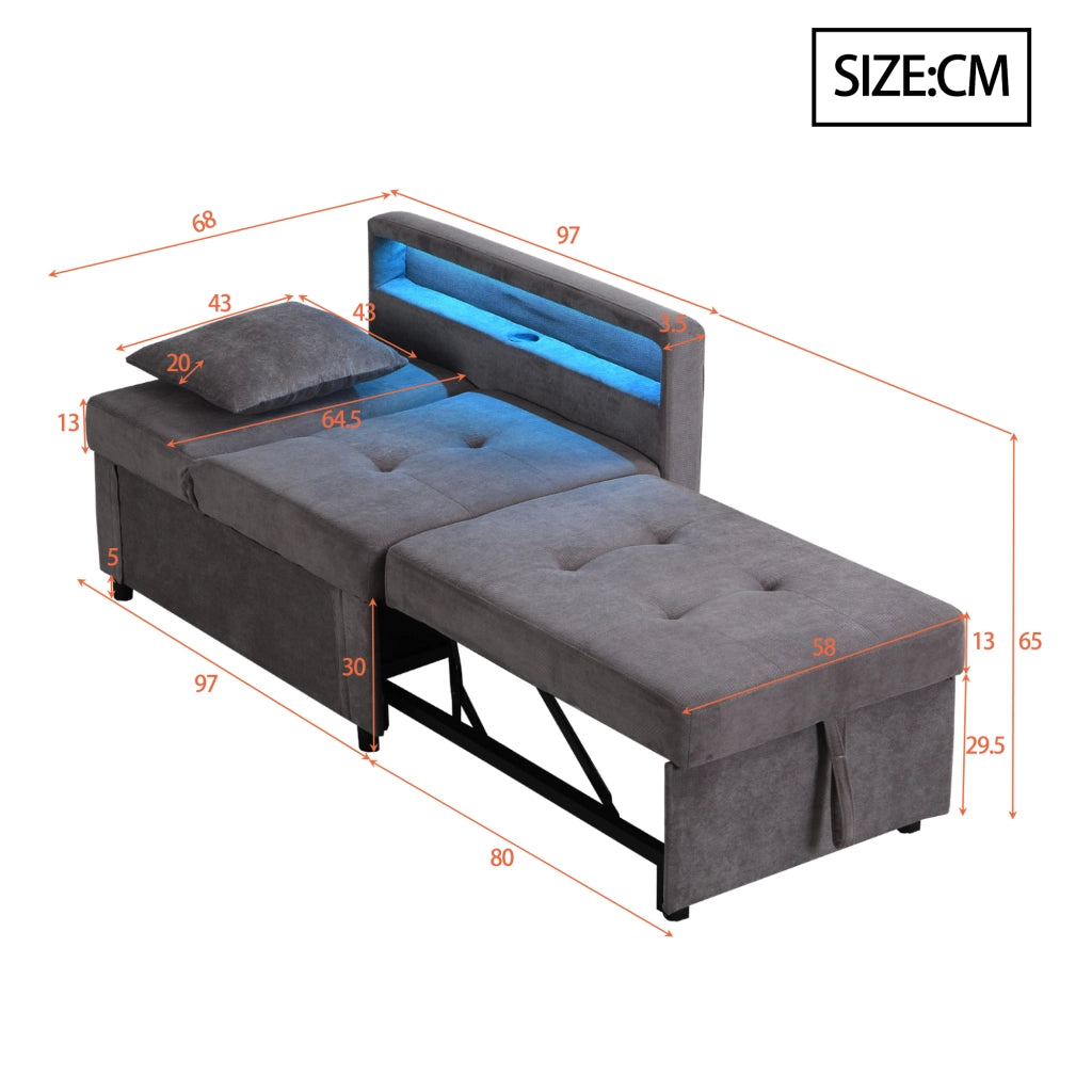 Divano letto 3 in 1 con schienale reclinabile, luci LED e porte USB/Type-C, grigio scuro