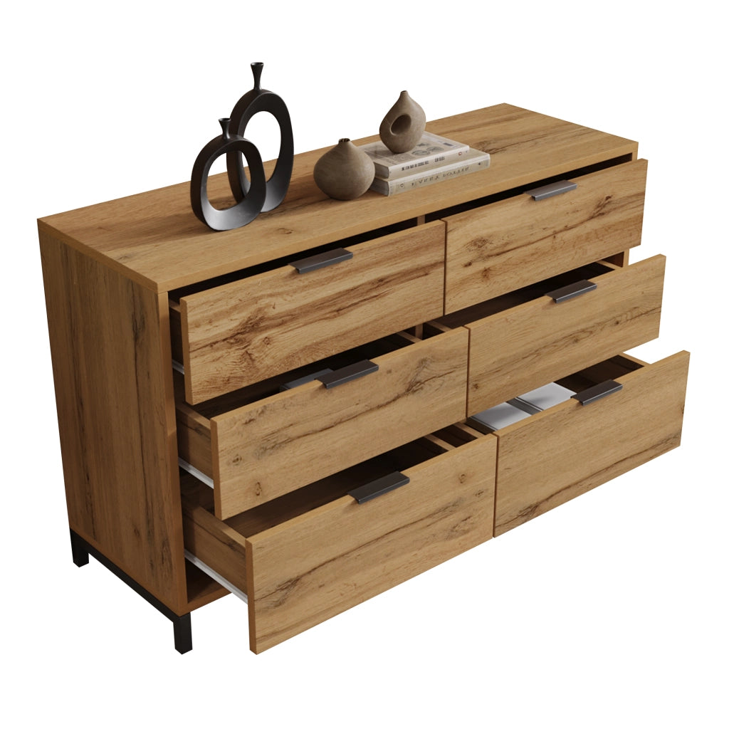 Cassettiera con 6 cassetti 120 x 40 x 76 cm, effetto rovere scuro, struttura in truciolare e metallo