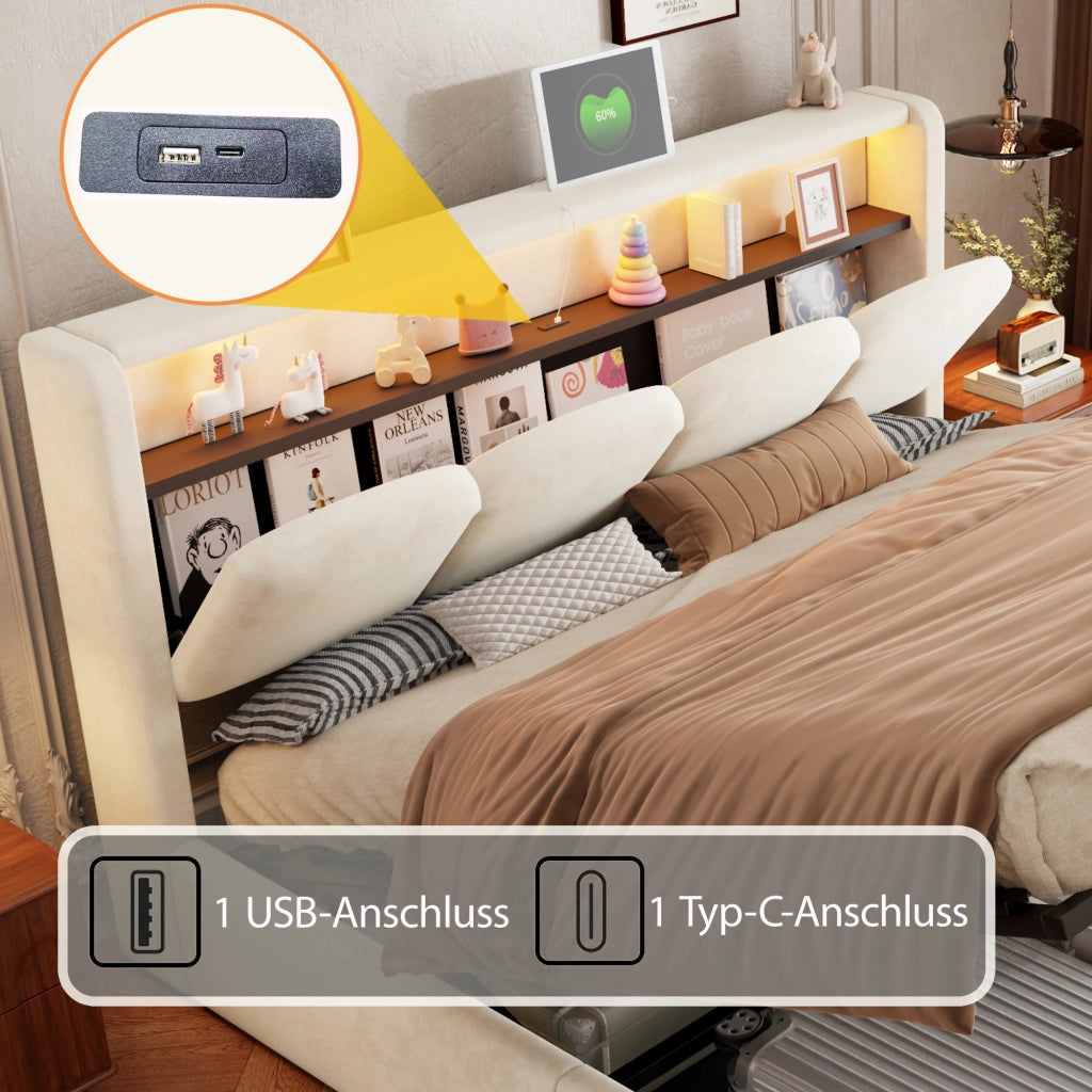 Letto imbottito con contenitore idraulico, USB-C e LED, 140x200 cm, velluto beige