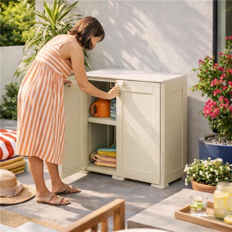 ARMADIO DA ESTERNO COPERTO 2 RIPIANI PANNA 79X43X85,5 CM  – MOBILE COMPATTO SALVASPAZIO PER BALCONE E VERANDA