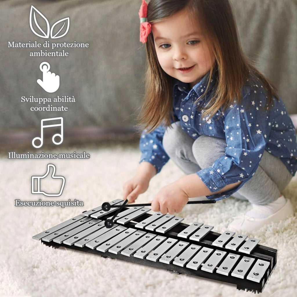 Xilofono 30 Note, Metallofono per Bambini, Glockenspiel Pieghevole con 2 Bacchete e Borsa, Strumento a Percussione a Mano per Bambini e Adulti