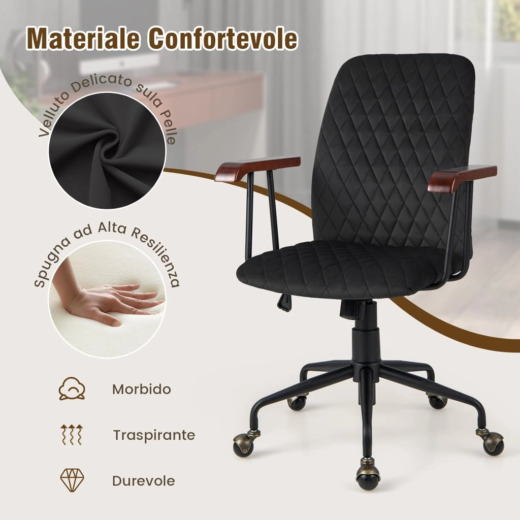 Sedia Girevole in Velluto, Sedia da Ufficio con Altezza Regolabile e Schienale, con Braccioli in Gomma e Ruote in Rame, Carico Massimo 150 kg (Nero)