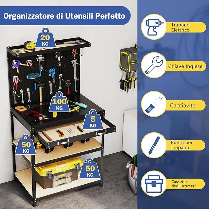 Banco da Lavoro con Piano da 80 x 40 cm, Banco da Lavoro Officina con Pannello Forato e 20 Ganci Porta Attrezzi, Tavolo da Lavoro per Garage con Cassetto e 2 Mensole (Nero)