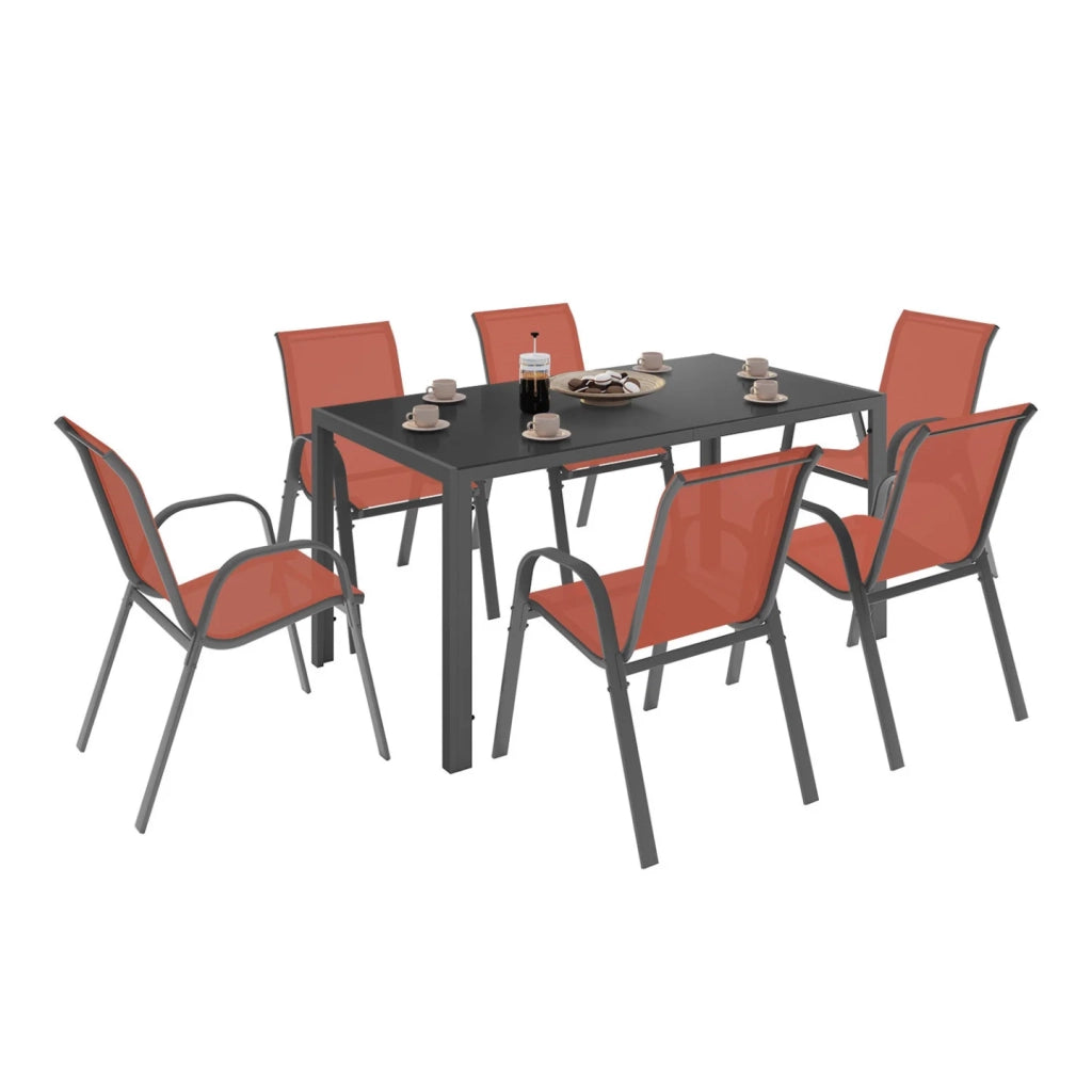 IDMarket - Set di mobili da giardino MADRID tavolo 150 CM e 6 sedie impilabili in terracotta