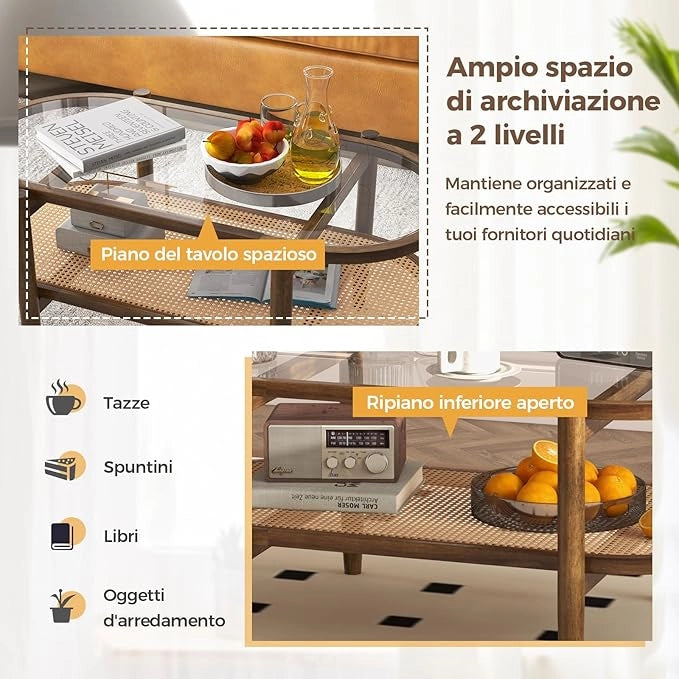 Tavolino da Caffè a 2 Piani con Spazio di Archiviazione, Tavolo Centrale in Rattan PE con Piano in Vetro Temperato, Tavolo da Salotto per Casa, Sala d'Attesa e Ufficio