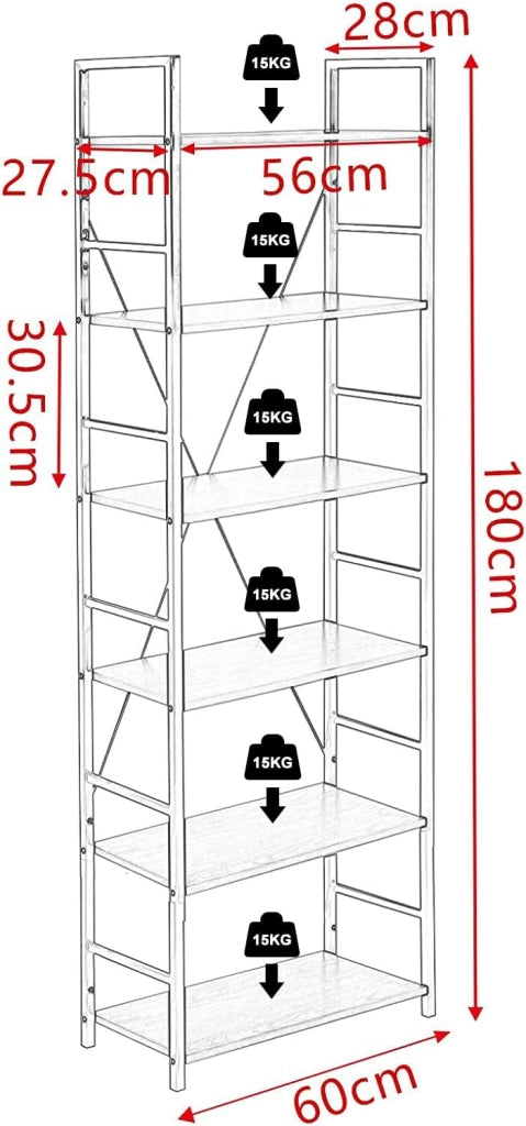 Scaffale per Libri a 6 Piani, Libreria in piedi con Struttura in Metallo per Soggiorno/Camera da Letto/Studio, 60x27,5x180cm, Rovere Chiaro+Bianco, RGB9307whe