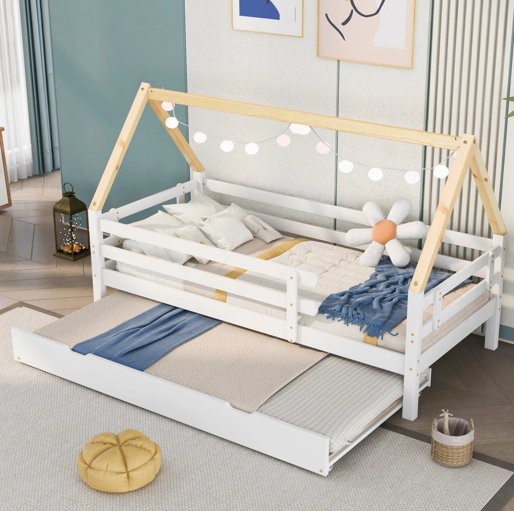 Letto a casetta bianco e naturale 90x200 cm con letto estraibile