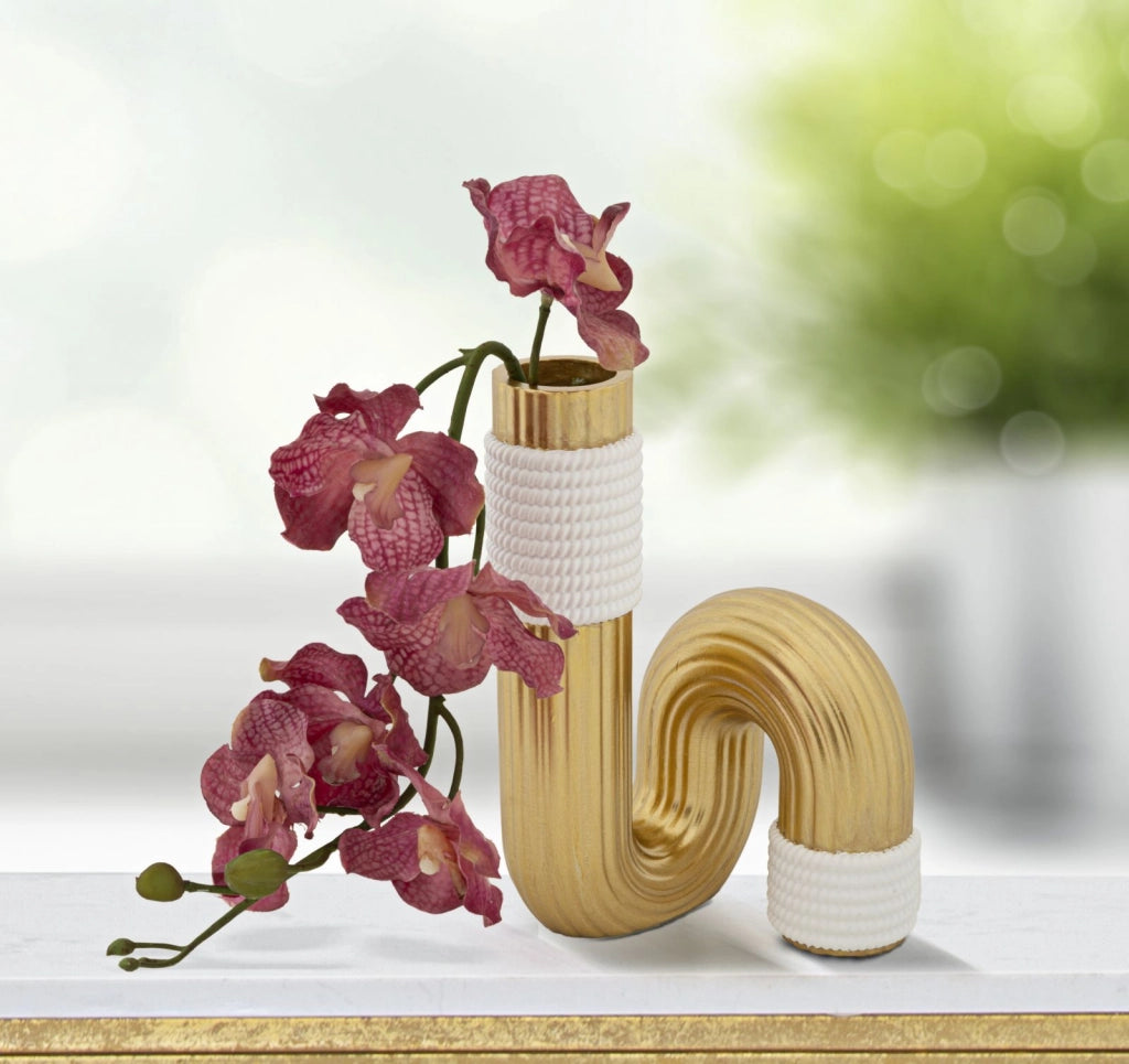 Vaso Bann 10,7x10,7x18,3 cm in Poliestere Oro e Bianco