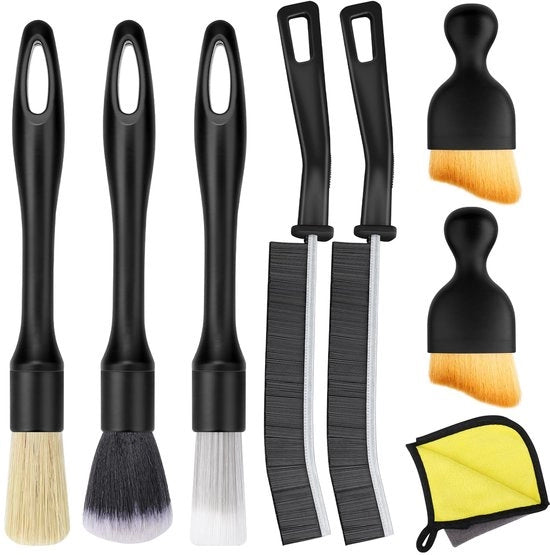 Set di spazzole autoreinificanti, set di 7 spazzole autodetailing con 1 asciugamano per pulizia, spazzola per polvere per l'aria, pneumatici, cerchi, uso interno ed esterno