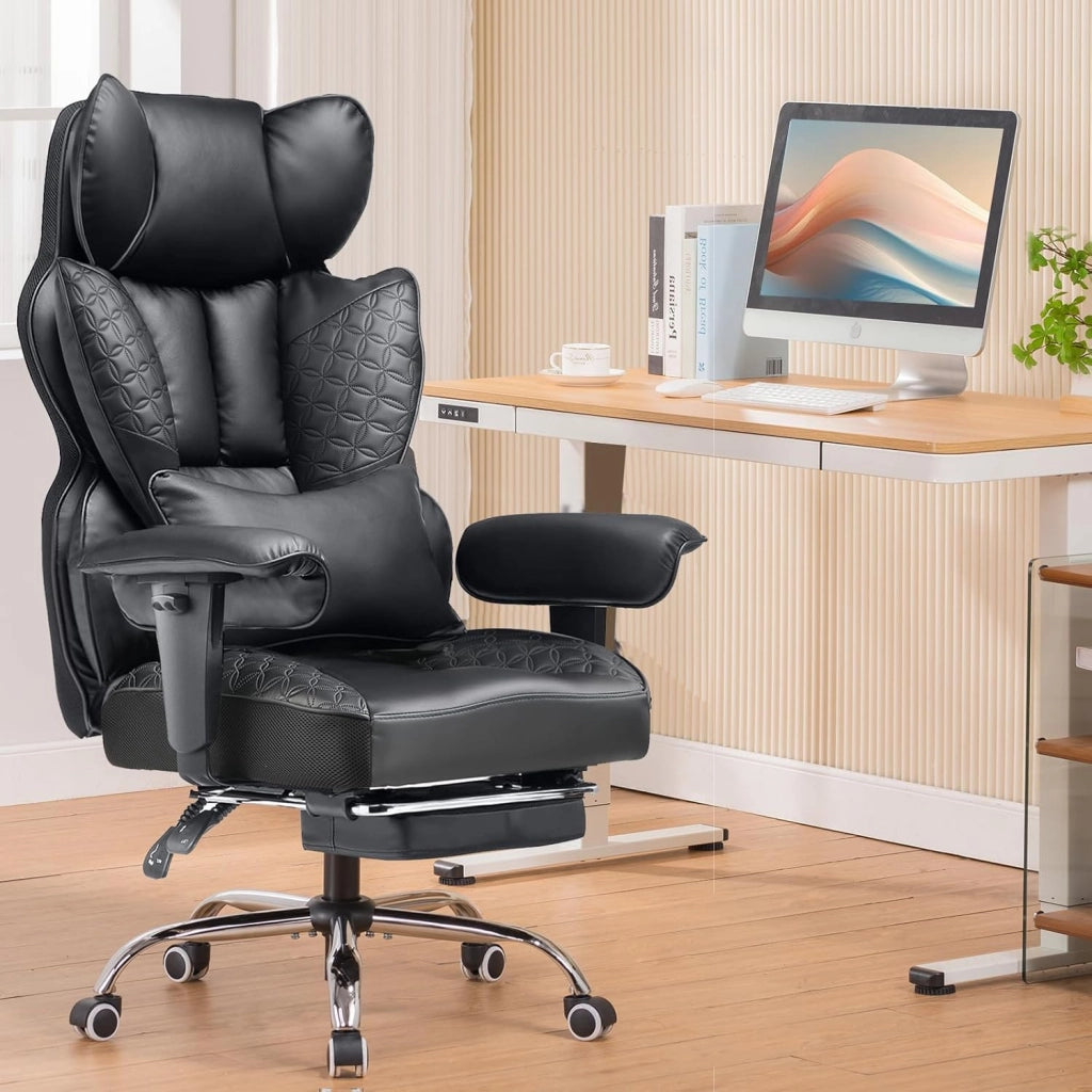 Sedia da ufficio grande e alta, sedia da gioco ergonomica larga 180 kg, con goffratura di lusso, pelle progettata con poggiapiedi, braccioli regolabili a 150°, tasca, molla