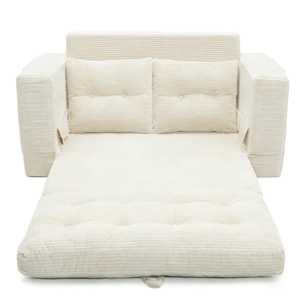Divano letto 2 posti - con funzione convertibile e tasche laterali - in velluto a coste beige