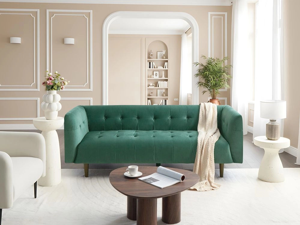 Divano a 3 posti con rivestimento in tessuto verde gambe in legno e schienale con bottoni