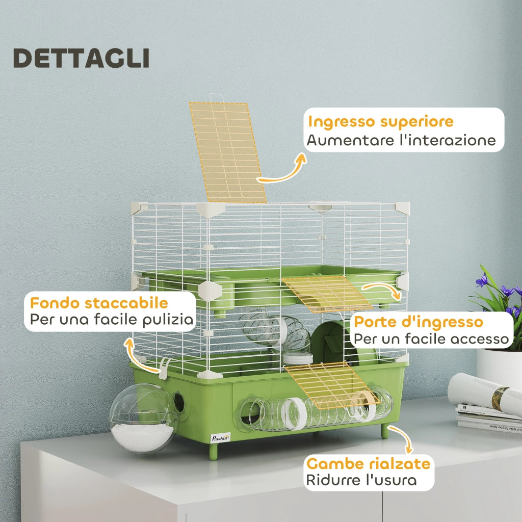 Gabbia per Criceti a 2 Livelli e 3 Porte con Ruota e Tubi, in Acciaio, PS e PP, 44.5x28x44 cm, Verde e Bianco