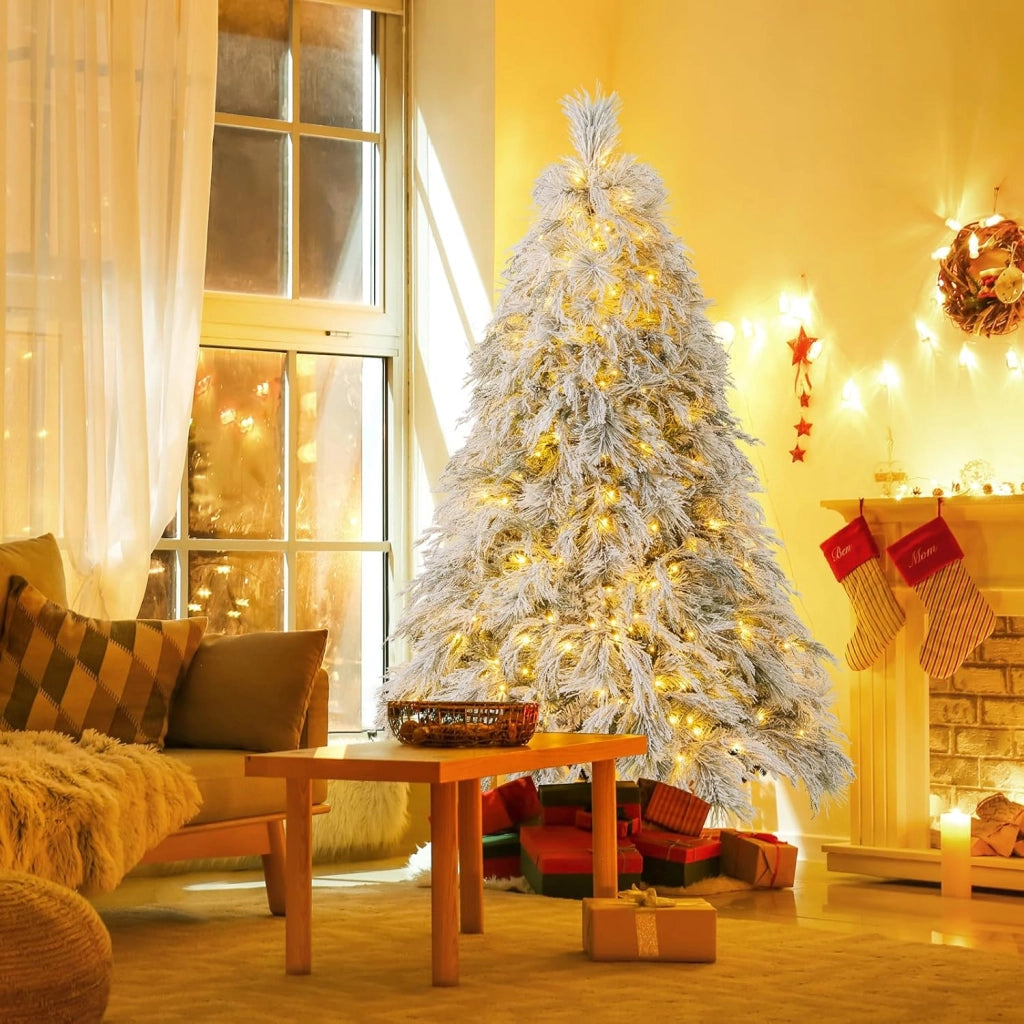 Albero di Natale Innevato 146/180 CM, Albero di Natale ArtificialePre-Luminoso con Cerniera e 150/250 Luci LED Bianche Calde, 279/519 Punte di Ramo, Ago di Pino (180 CM)
