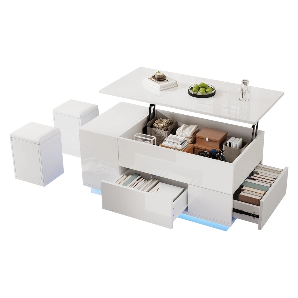 Tavolino da salotto alzabile con 2 Cassetti; 2 Sgabelli e LED; vano contenitore; per soggiorno; 100×50×45 cm