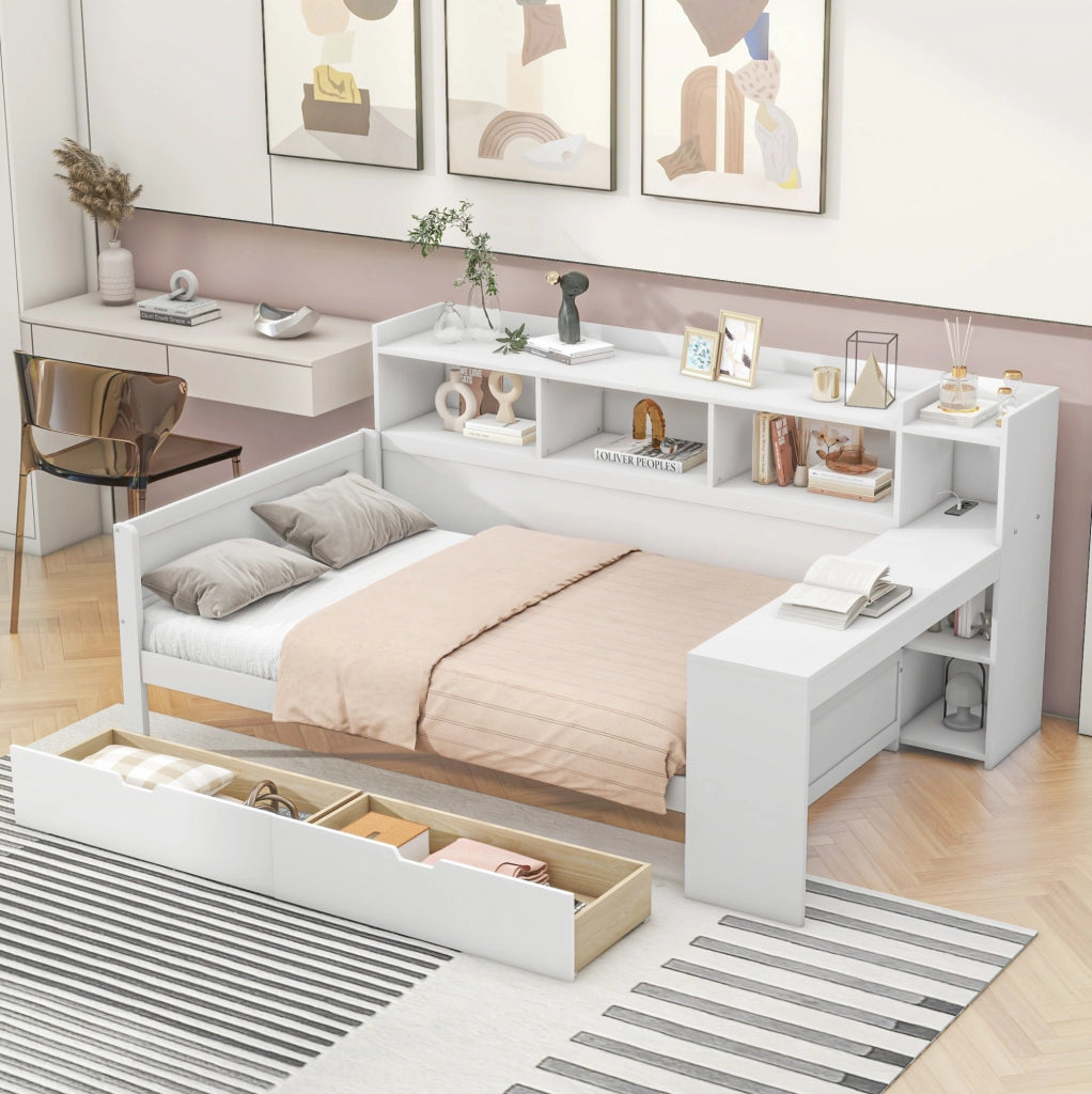 Letto 90x200 cm con scrivania; USB e 2 cassetti in truciolare e MDF