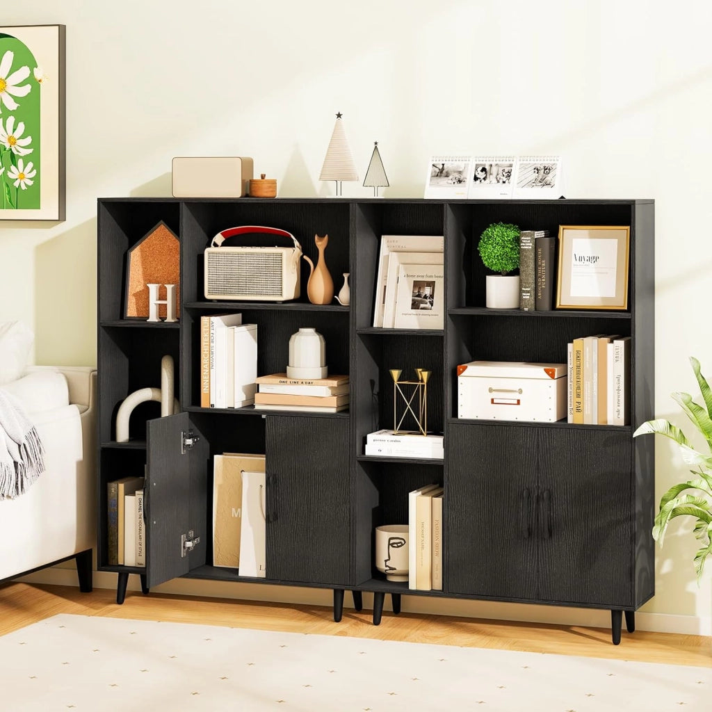 Armadietto da soggiorno, libreria, 2 ante e 5 scomparti aperti, credenza in legno, 80 x 23,5 x 119 cm (Nero)