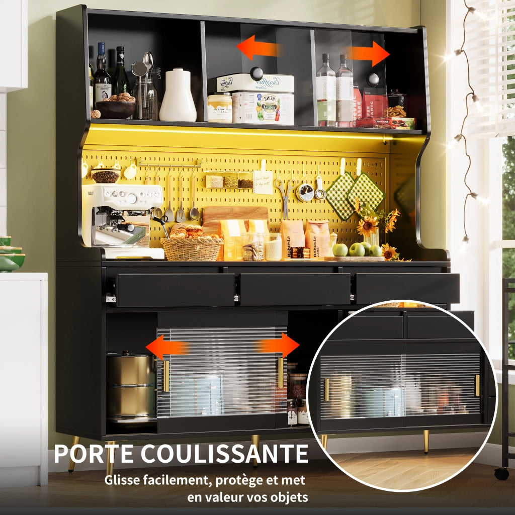 OKWISH Madia Alta con 2 Ante Scorrevoli, 1 Cassetto e LED con Controllo tramite App, per Cucina, MDF e Vetro, Nero, 145×39×171 cm
