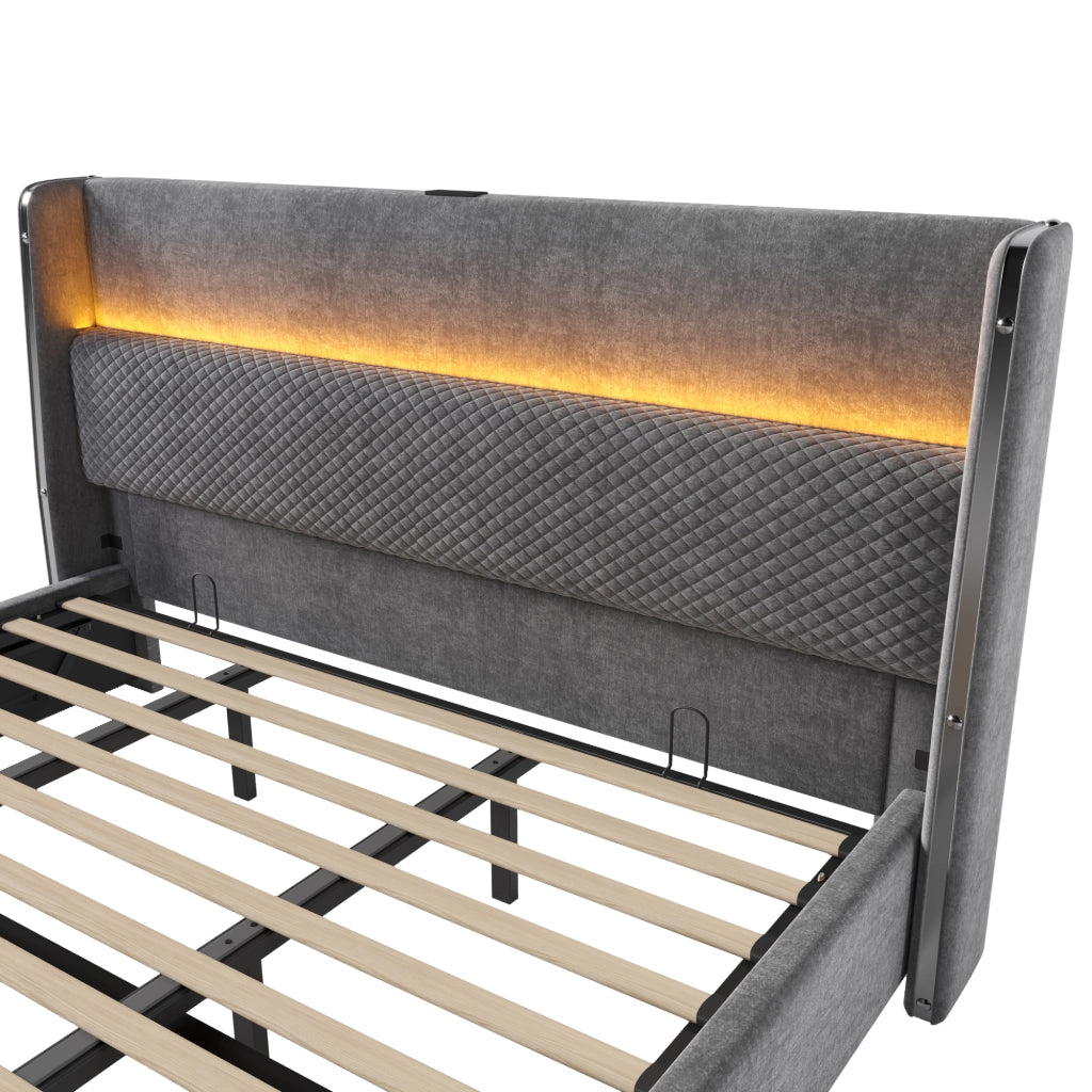 DESMIU Letto contenitore 180 × 200 cm con LED, USB e Type-C, vano contenitore idraulico, senza materasso, grigio