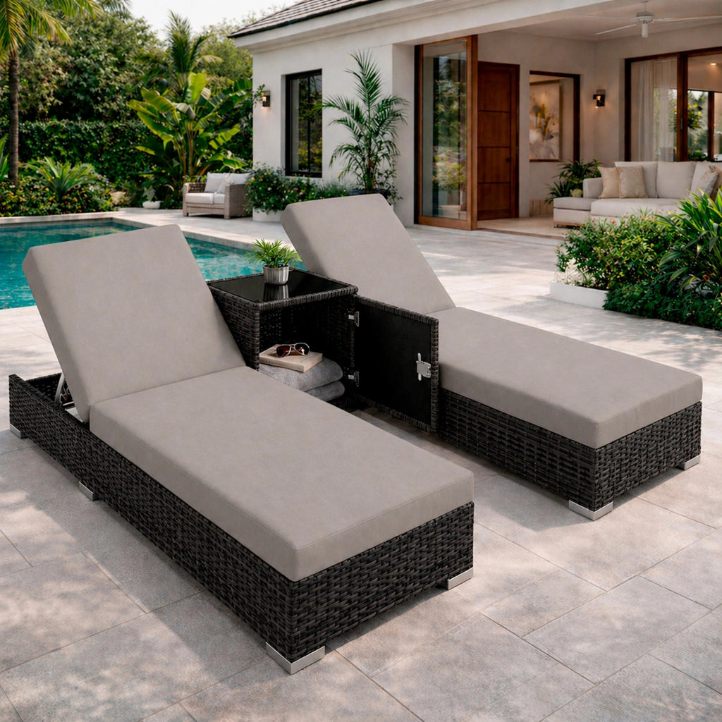 Set 2 Lettini Prendisole In Polyrattan Con Tavolino Contenitore E Cuscini Schienale Regolabile 5 Posizioni Sdraio Da Giardino Terrazzo Piscina Relax Outdoor Arredo Esterno 184 x 60 x 21 Cm Nero E Grigio