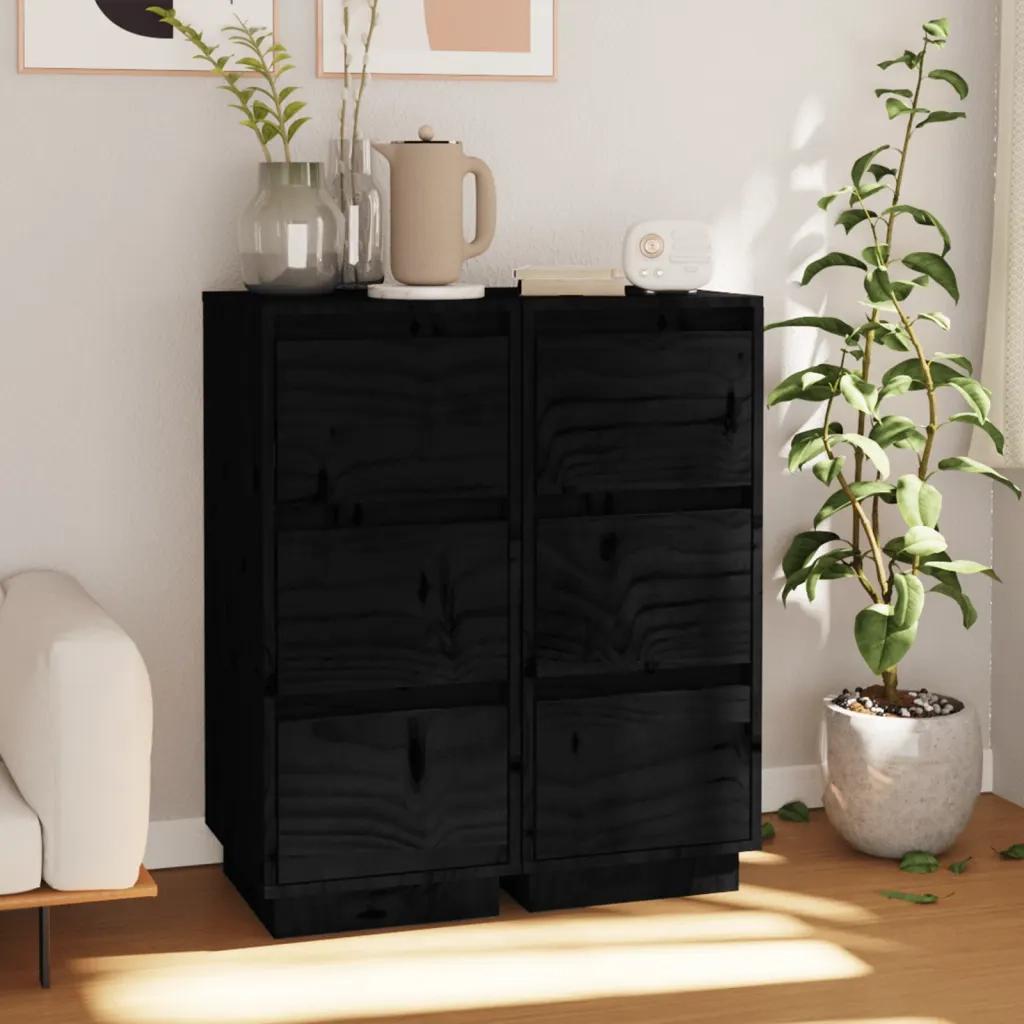 Credenze Nere 2 pz 32x34x75 cm in Legno Massello di Pino 813374