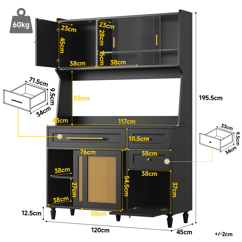 Credenza Alta da Cucina con 3 Cassetti; Ripiani Regolabili e LED; in MDF; Nero; 120x45x195;5 cm