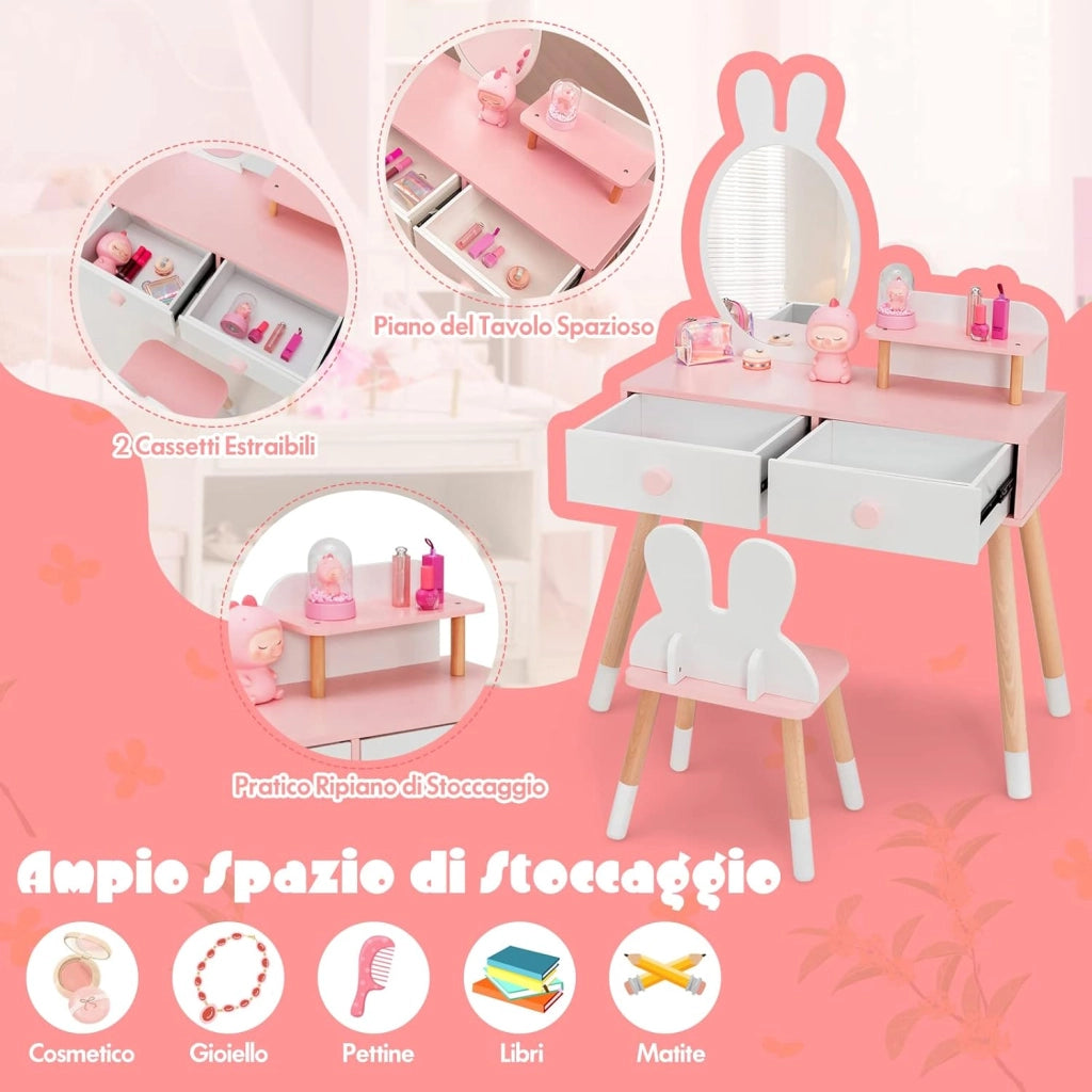 Toeletta Trucco 2 in 1 per Bambina, Specchiera a Forma di Coniglio Staccabile per Ragazza in Legno con Sgabello, Ripiano e 2 Cassetti, Postazione Trucco, 78 x 37 x 110cm (Bianco)