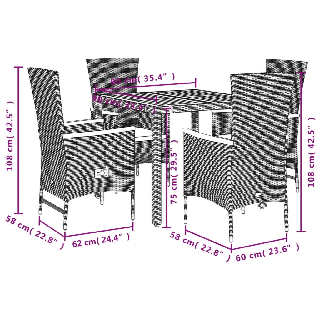 Set da Pranzo da Giardino 5 pz Nero con Cuscini in Polyrattan 3277505