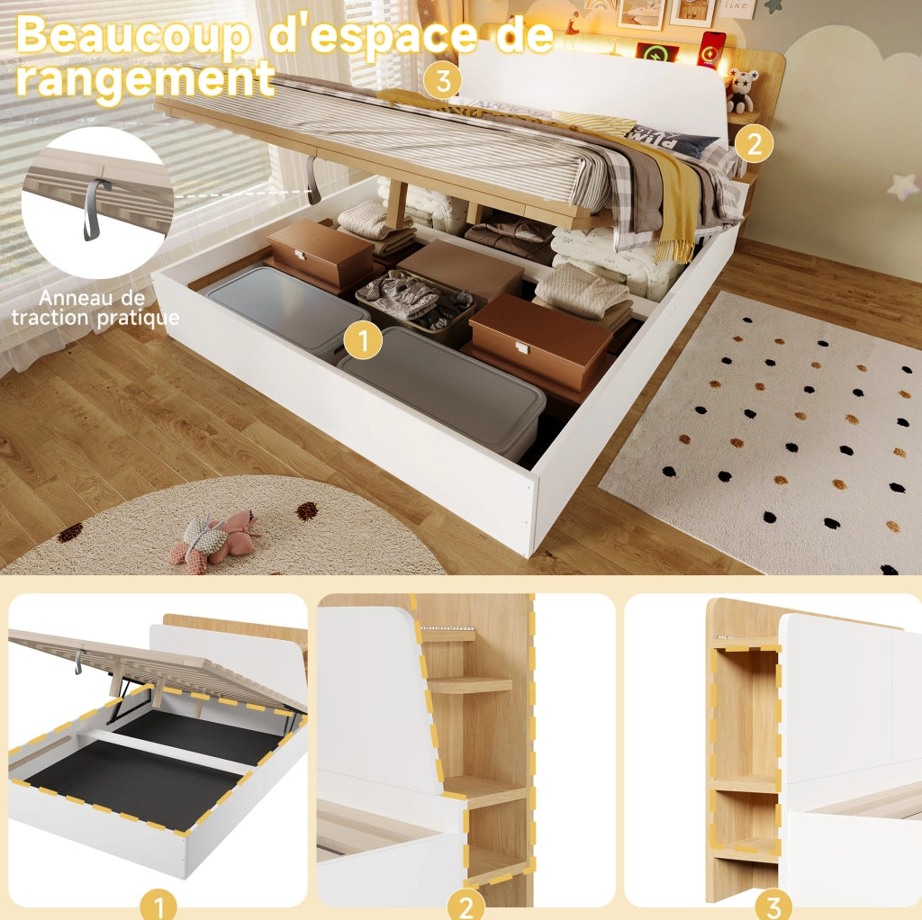 Letto contenitore ULEVR 140x200 cm con sollevamento idraulico, LED, USB e Type-C, bianco e naturale
