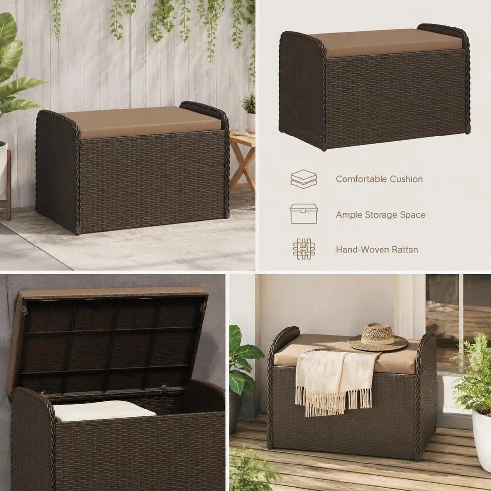 Storage Bench & Cushion, Brown, 80x51x52 Cm, Poly Rattan