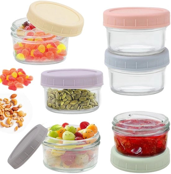 Scatole di conservazione con coperchio, 6 pezzi, contenitori per cibi da microonde, 80ml contenitori in vetro per minipot, contenitori per condimenti, contenitori per salse, set di contenitori per cibi da microonde e congelatore.