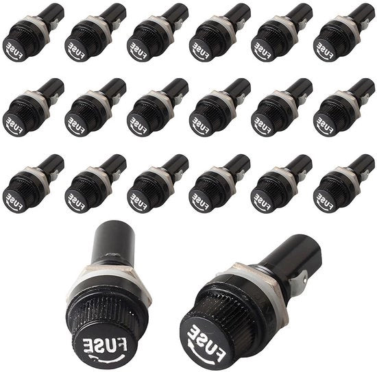 Supporto di sicurezza per montaggio di pannelli - 5 x 30 mm - Ac 10A 250V - Con copertura a viti - Nero - 20 pezzi