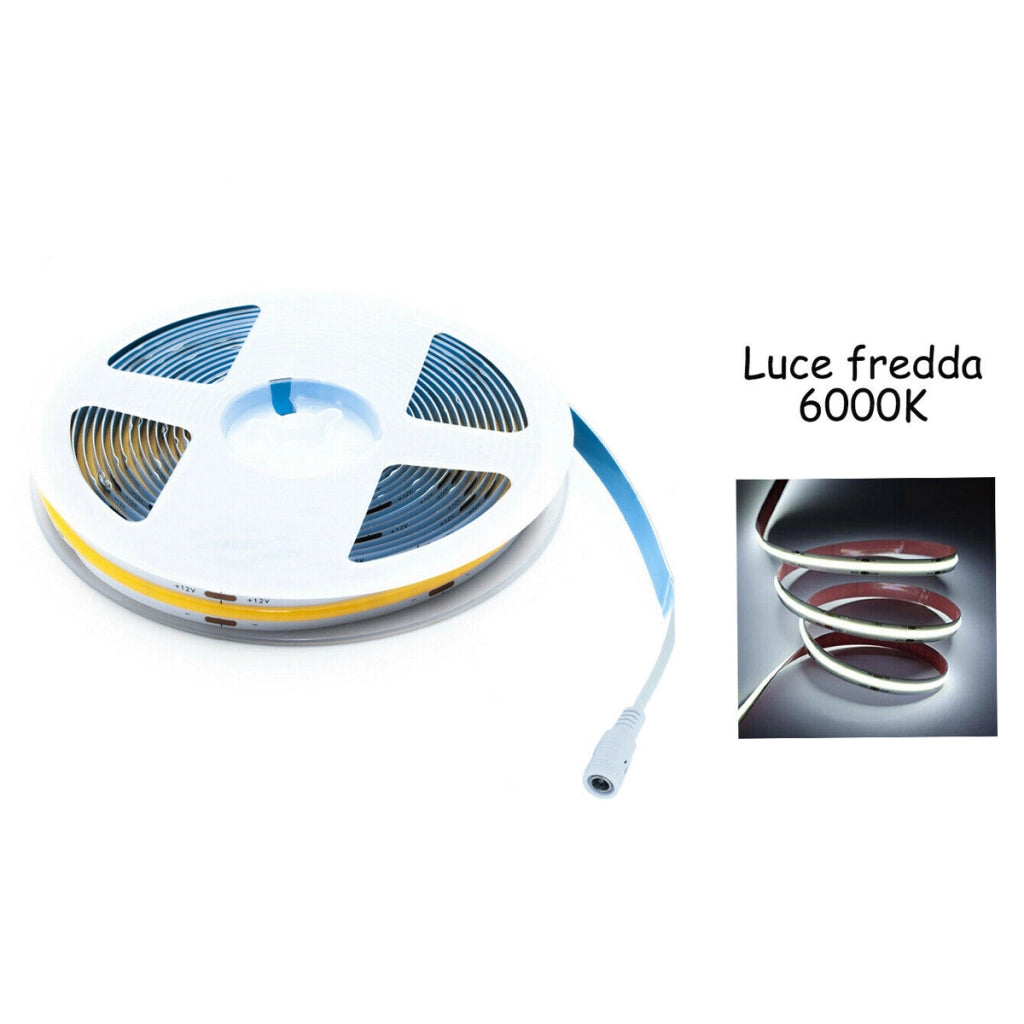 STRISCIA COB LED ADESIVA 5M LUCE FREDDA 40W TAGLIABILE FLESSIBILE COB320 12V