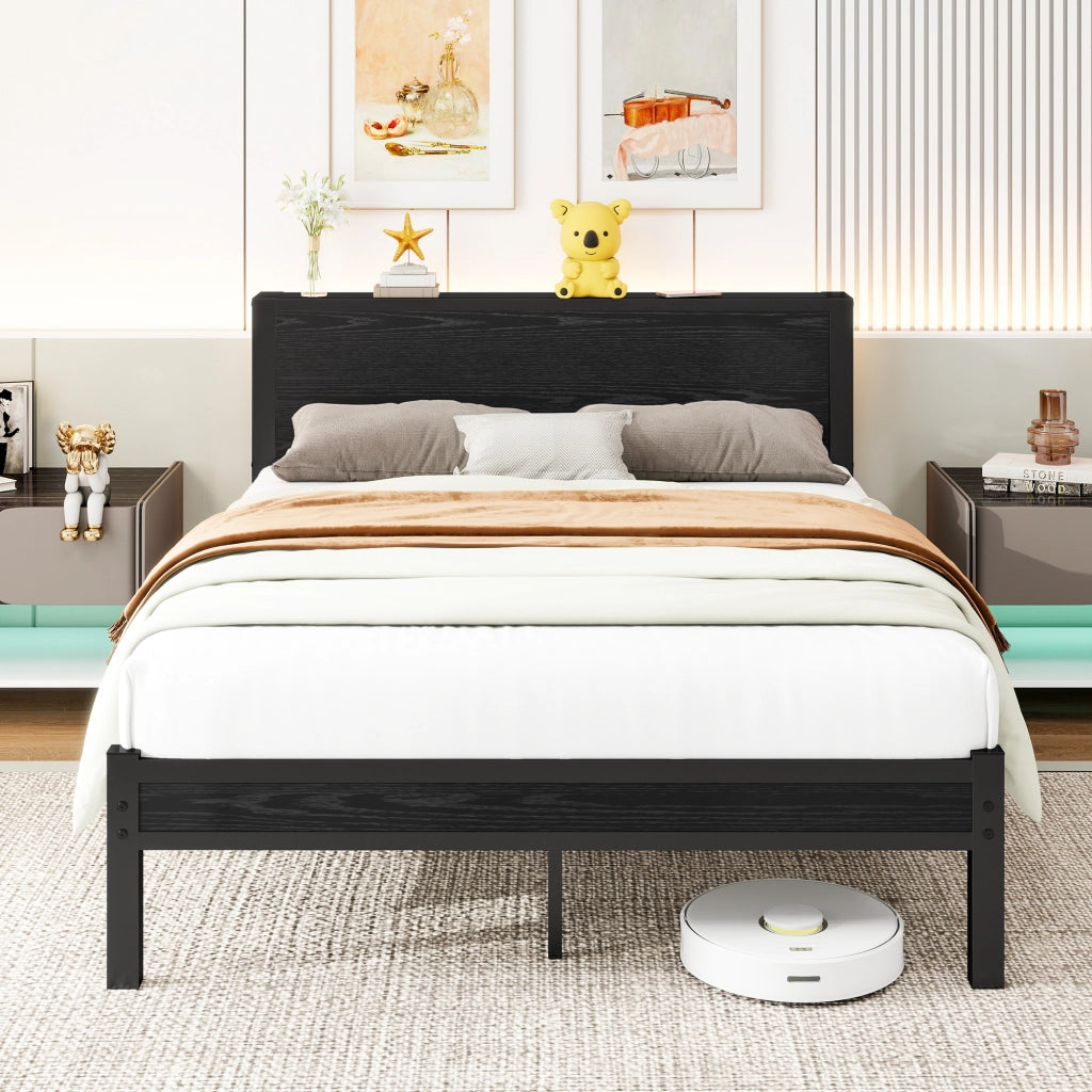 LETTO Singolo 120x200 cm con testiera, MDF e metallo, Nero