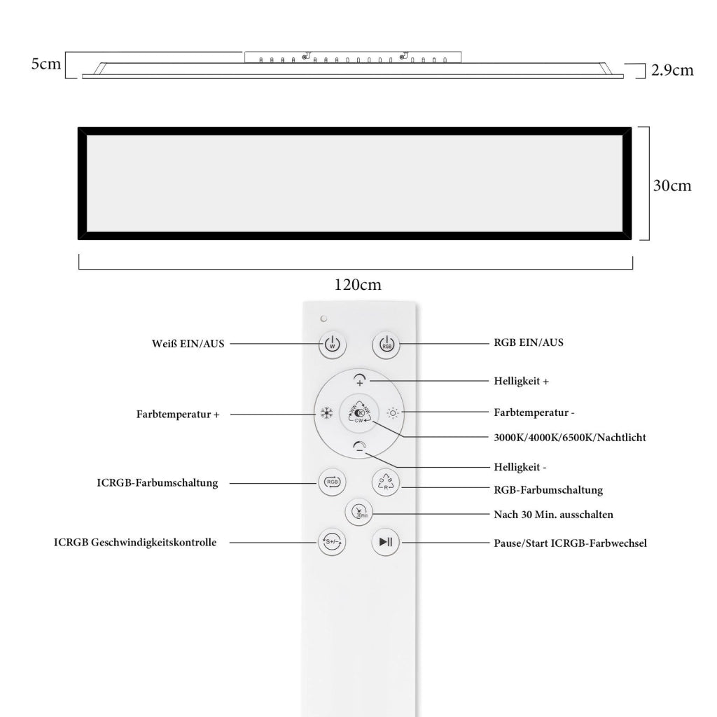 ZMH Plafoniera LED 120x30 cm Dimmabile RGB Cambio Colore da Soffitto Piatto con Telecomando 39W Nero per Ufficio