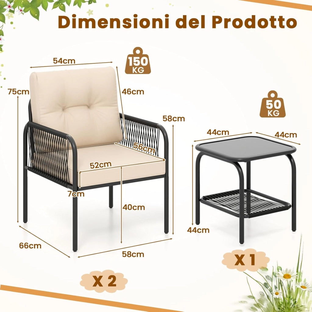 3 Pezzi Set di Mobili da Esterno in Rattan PE, con Tavolino in Vetro Temperato, Cuscini per Schienale e Seduta, Set da Conversazione per Giardino, Veranda, Cortile e Piscina, Beige e Nero