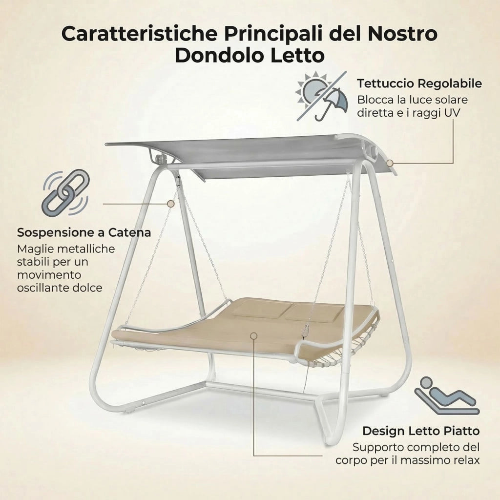 Dondolo Amaca Letto 2 Posti da Giardino con Tetto Parasole Struttura in Acciaio Seduta Imbottita in Textilene per Terraz