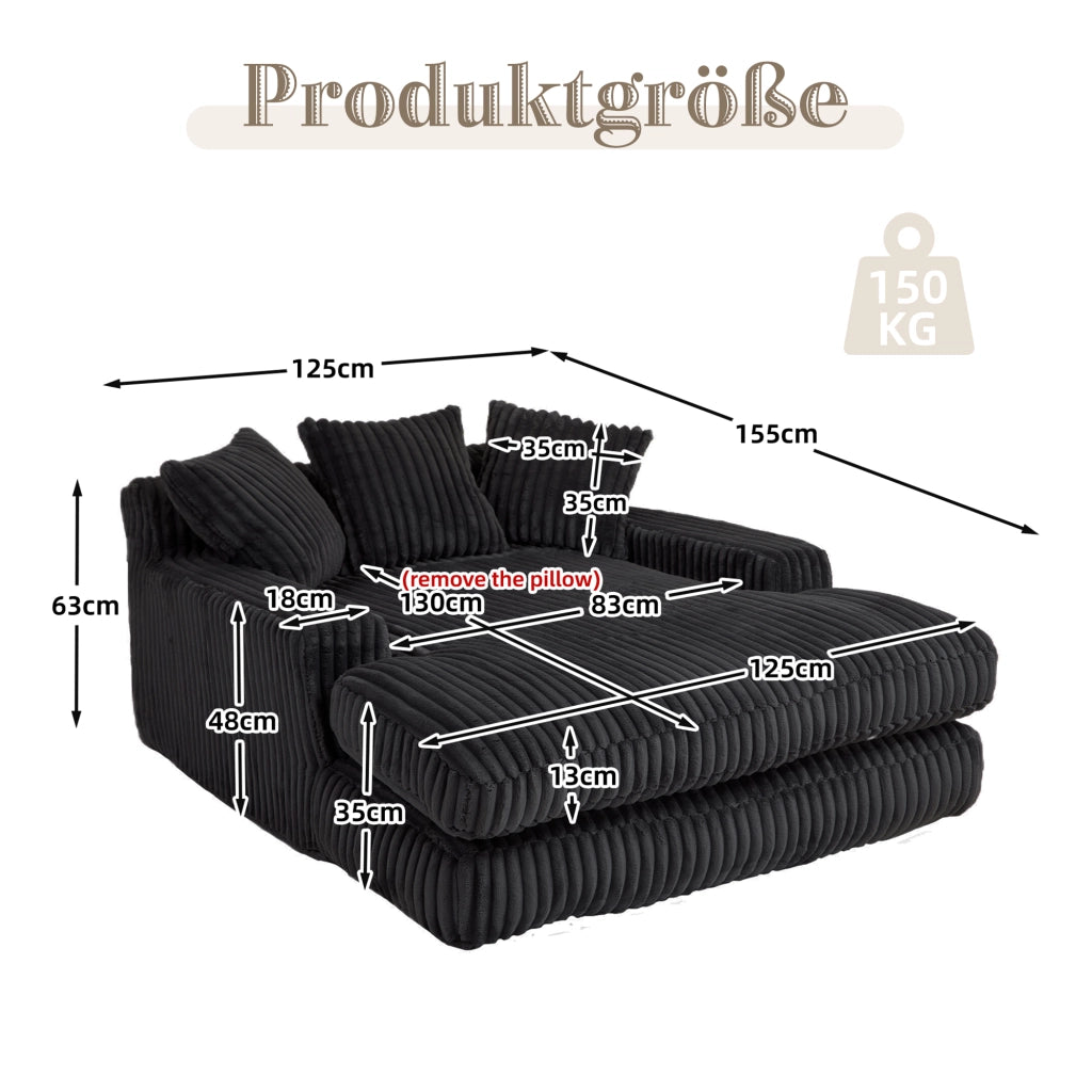 Chaise Longue da Interno 1 Posto con 3 Cuscini; Comfort Ergonomico senza Montaggio in Velluto a Coste Nero