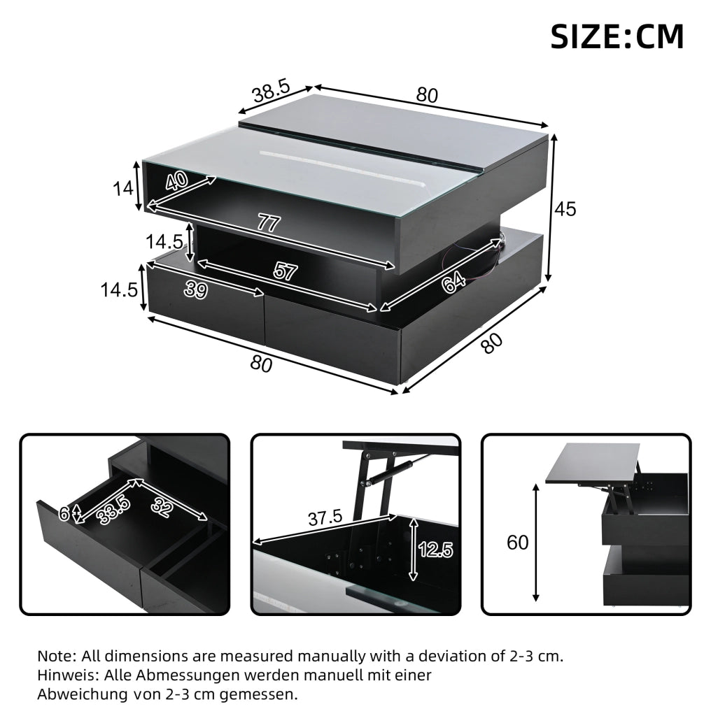 Tavolino da salotto nero 80x80 cm con piano elevabile, LED e 2 cassetti