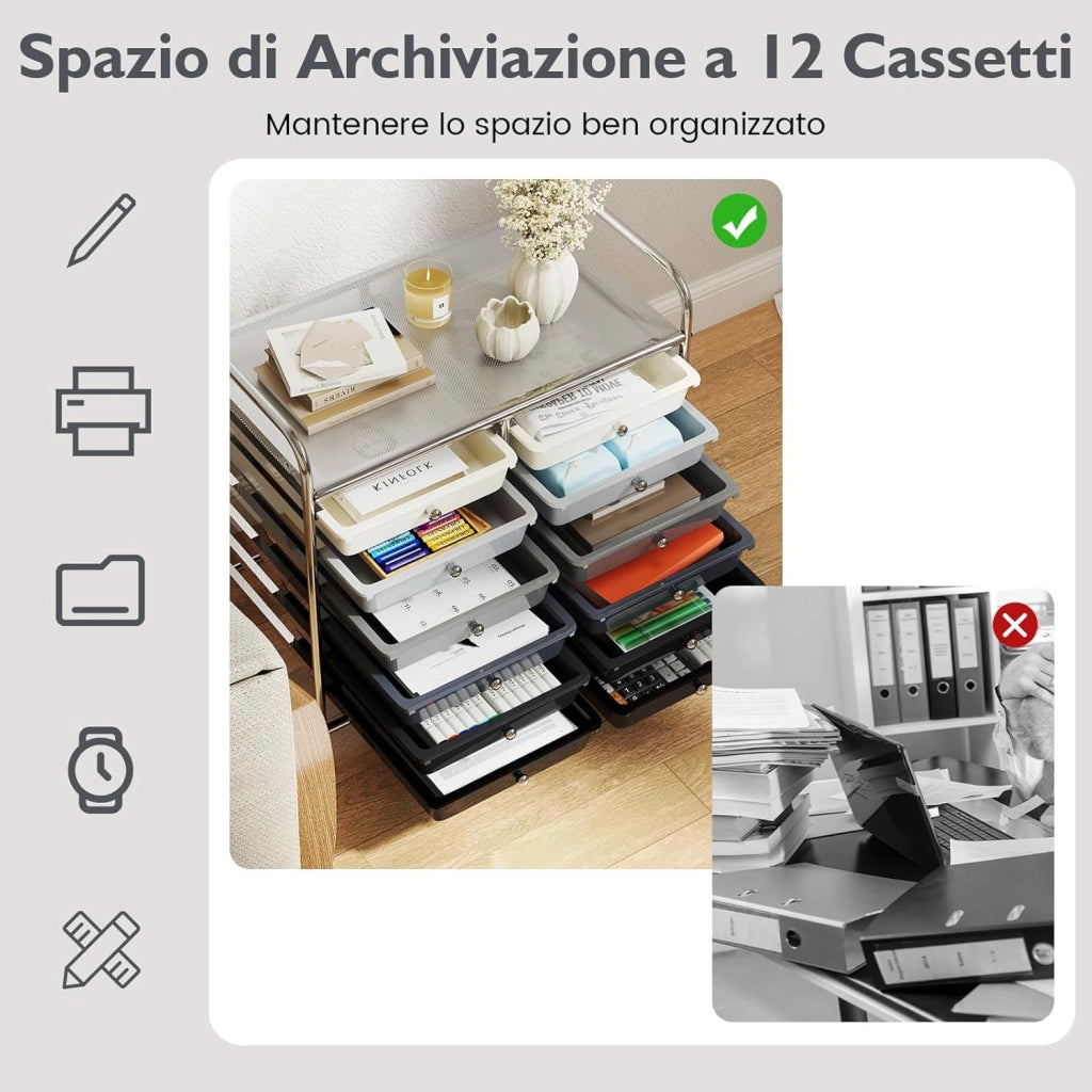 Carrello di Stoccaggio con 12 Cassetti, Carrello portaoggetti con 4 Ruote, Carrello Multiuso per Scuola Ufficio Cucina, 64 x 38 x 62 cm (12 cassetti Grigio sfumato)