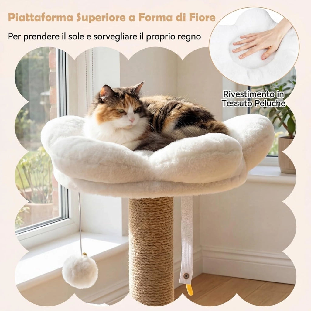 Albero per Gatti, Alberi Tiragraffi Alta 96 cm con Poggiolo Imbottito a Forma di Fiore, Condo Accogliente & Letto per Gatti, 2 Palline con Campanelli Appese & Posti per Graffiare (Bianco)