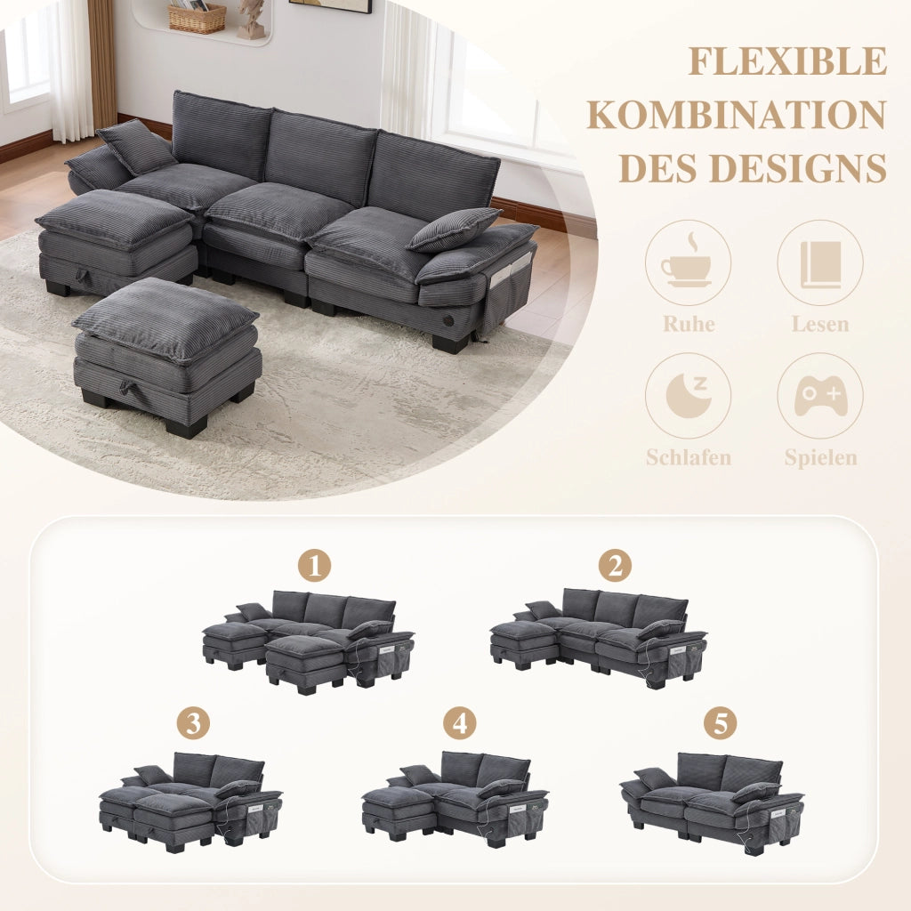 Divano modulare a 3 posti in tessuto corduroy con 2 pouf, seduta ampia ergonomica, USB-C, grigio scuro