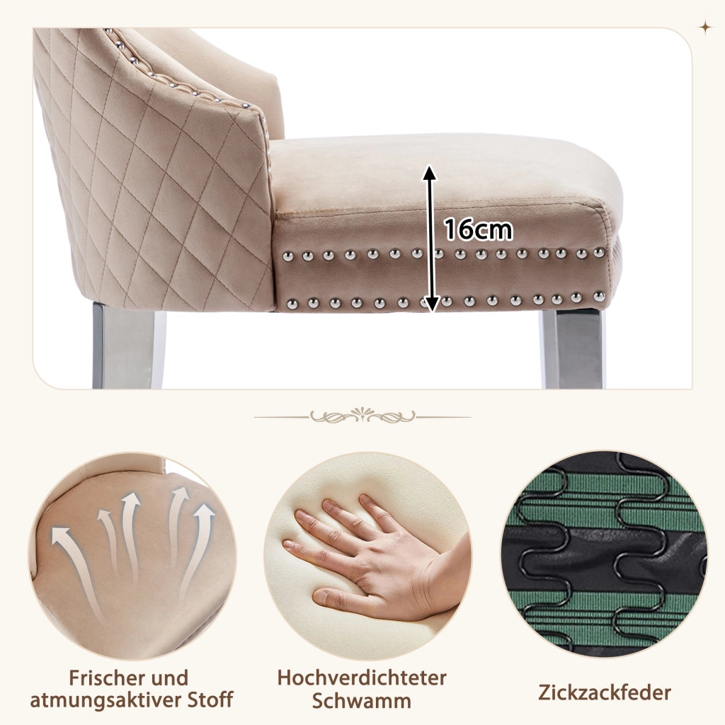 SEDIA Imbottita in Velluto Beige con Schienale Quadrato e Gambe in Metallo