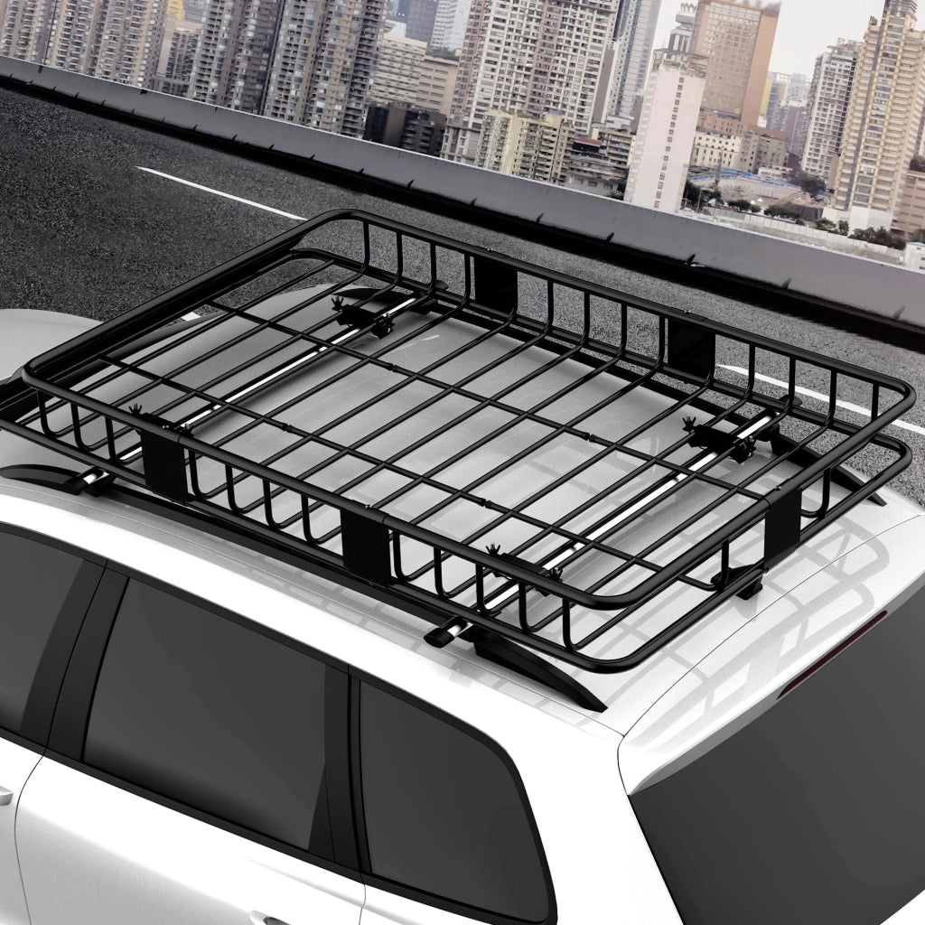 Cestello da tetto auto regolabile in metallo nero, portapacchi universale 109/162x99x16 cm