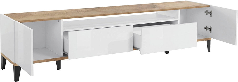 Porta TV SUNRISE 200 cm - Bianco/acero, con 2 vani e 2 cassetti